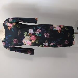 Floral And Moth Navy Maternity Bodycon Dress 3/4 Sleeves, Low Back